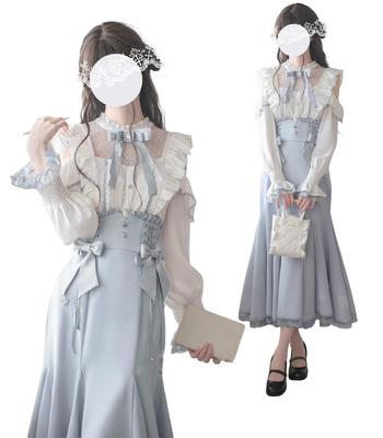 Young Lady Lolita Blouse and Skirt Set French Girly Fashion Stylish Winter Light Blue Size M [KALAOK] - - - Spring, Summer, Autumn, - -