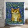 Luxury Print Shower Curtain Blue Floral Design with Cat Portrait for Bathroom Decor Modern Home Decoration Waterproof Fabric Sha