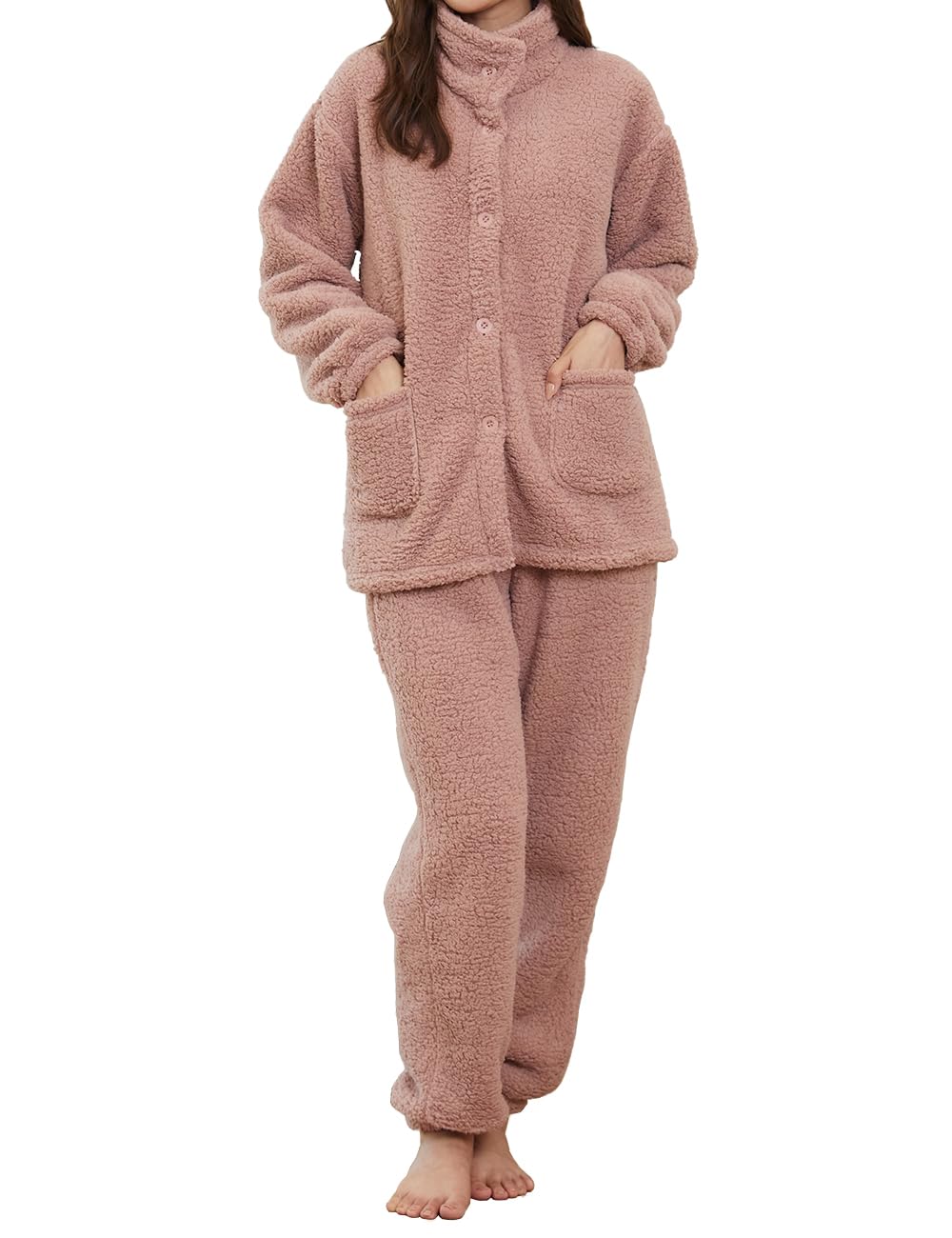 

Fuyumoe Зимний Длинный Теплый Свободный махровый Носимый Милый Зимний Передний Верх и Низ Флисовая Женская Пижама, Рукава, Пушистый, Домашняя одежда, Посадка, Ткань, розовый