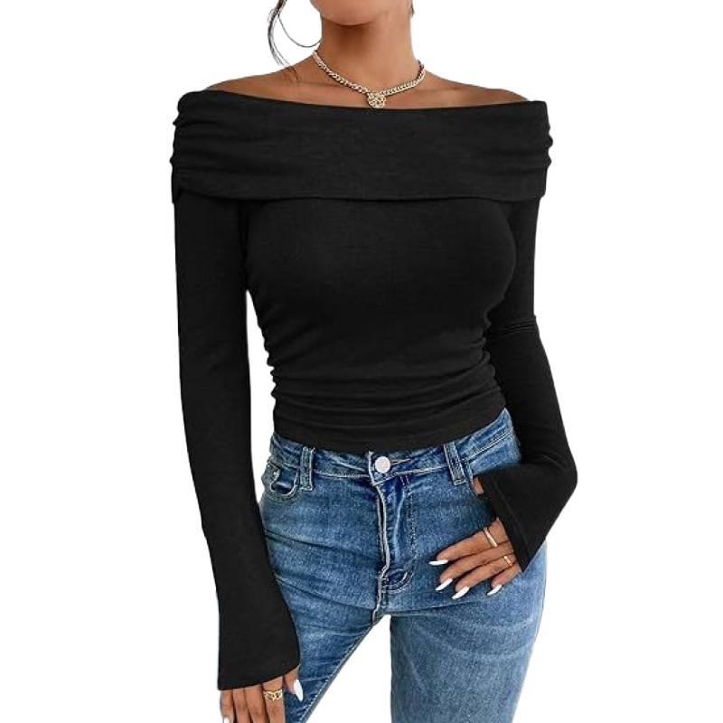 2026 European & American Sexy Off-Shoulder Slim Long-Sleeve Women's Top