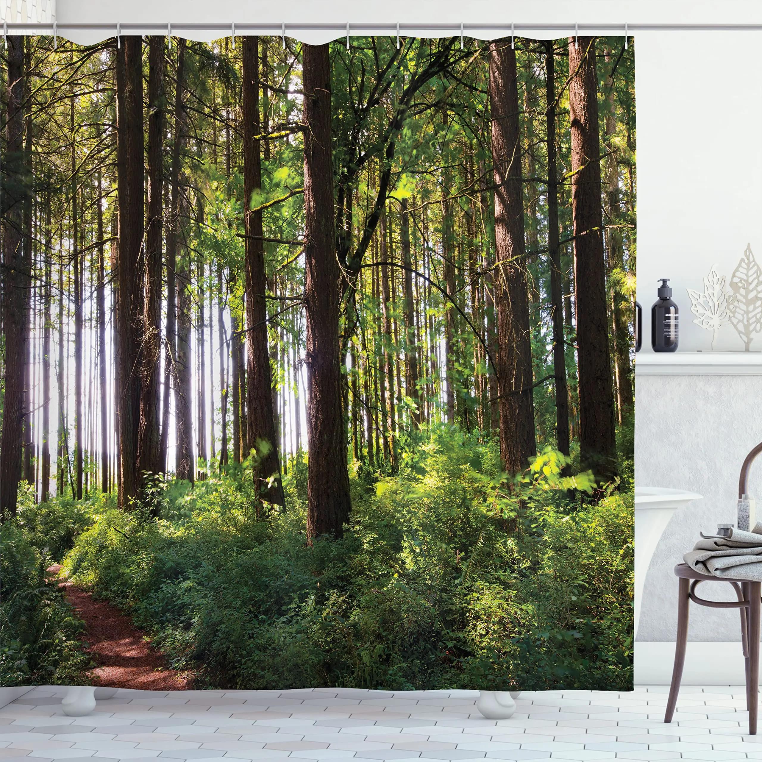 

Mountains Landscape Shower Curtain Fall Flowers Trees Forest Sunset Scenery Waterproof Fabric Screen Bathroom Decor With Hooks W60H190(CM)-1 Pcs