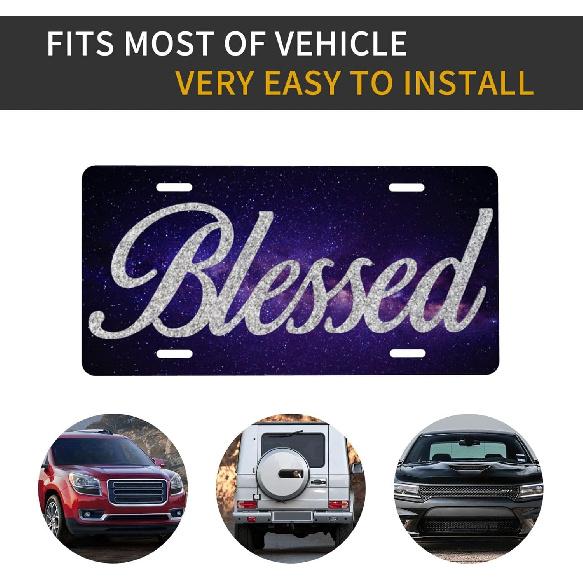 Galaxy Blessed Front License Plate for Women Car Vanity Plates Decorative Aluminum Metal Cute Novelty License Plate Cover for Men 6x12 Inch (4 Holes)
