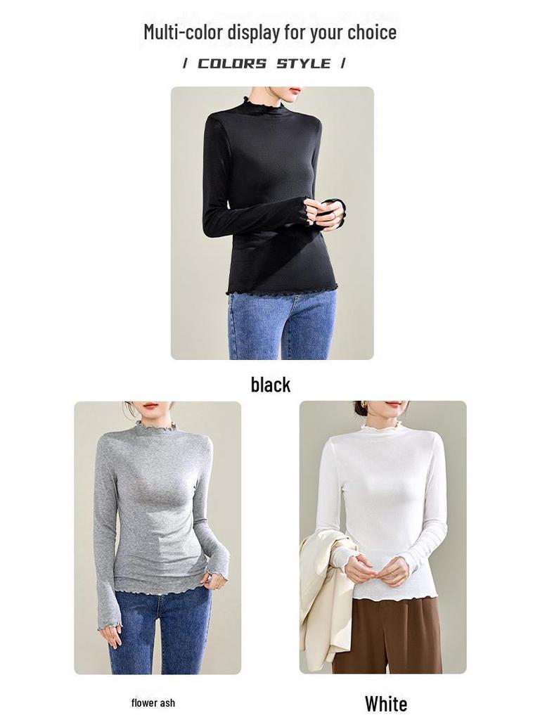 Nové dámské tričko s dlouhým rukávem z tencelové vlny, slim fit, s volánkovou ozdobou na podzim/zimu