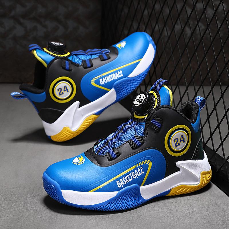 Brand Kids Basketball Shoes Rotary Buckle Design Boys Sneakers High Top Non-slip Leather Children Sports Shoes tênis de basquete