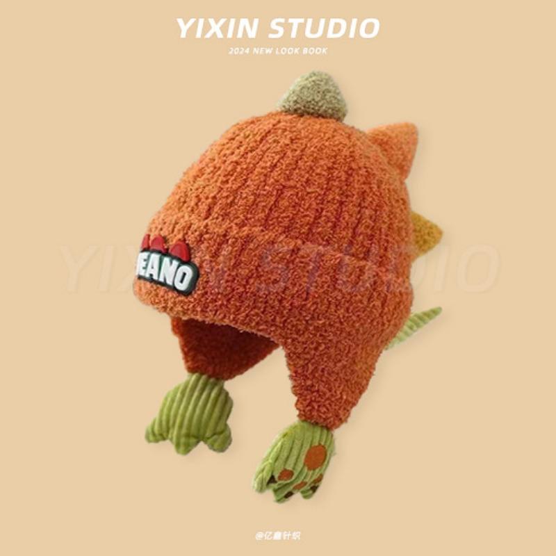 Winter children's hat cute cartoon dinosaur plush hat thickened windproof warm hat baby ear hat pullover hat