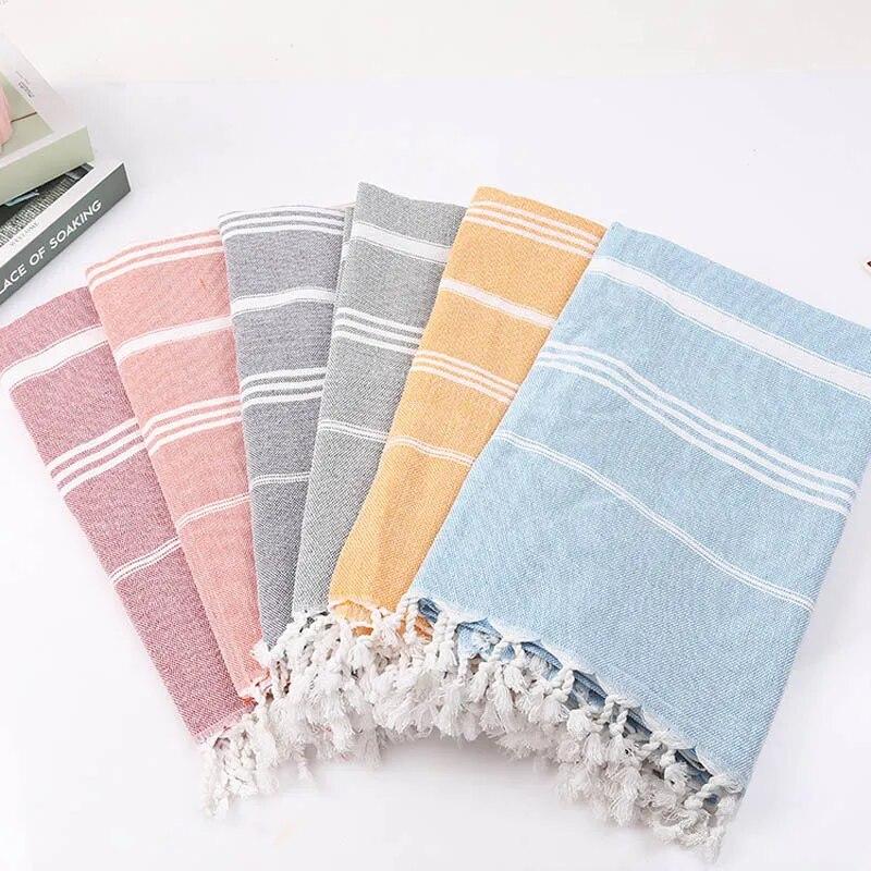 Striped Cotton Sports Bath Towel with Tassels, Travel To Gym, Camping, Sauna, Beach, Swimming Pool Blanket, Absorbent Beach Towel