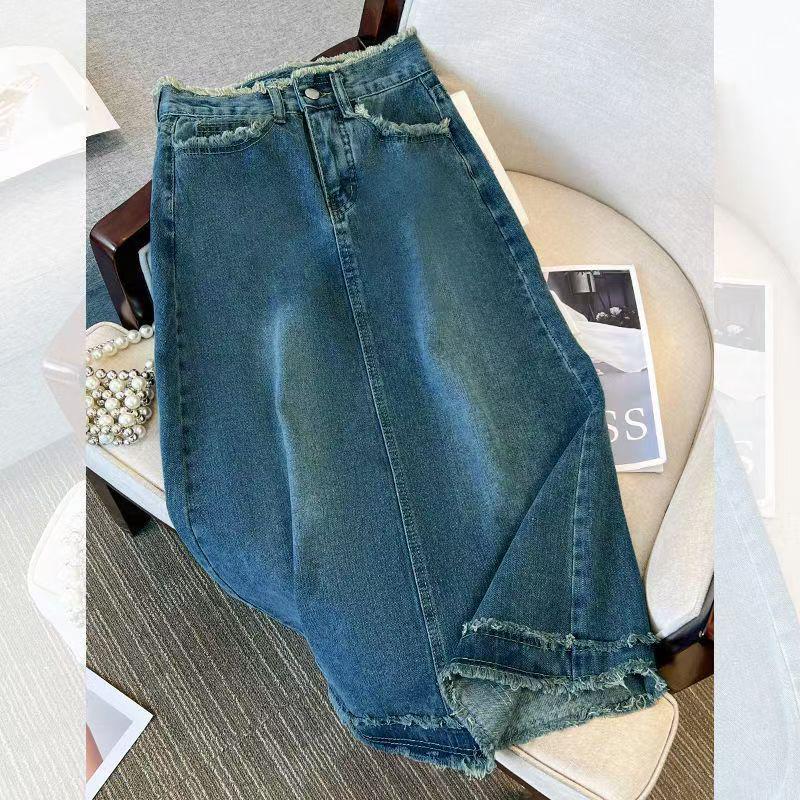 

Women s High-Waist Raw Edge Denim Skirt, Hip-Wrapped A-Line, Black & Gray, Niche Ins Style, Mid-Length M