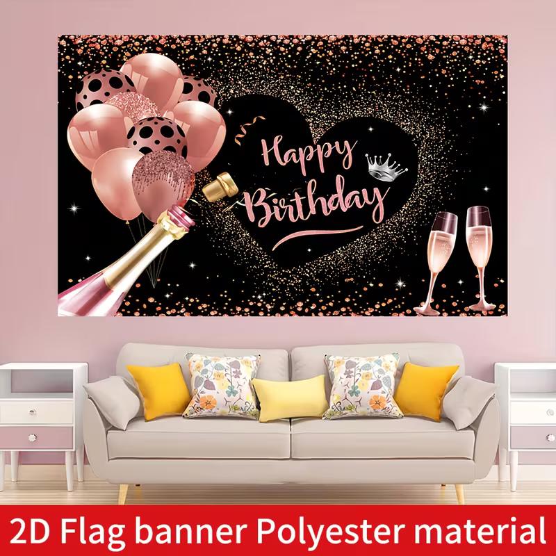 2D Black & Rose Gold Birthday Backdrop, Champagne Balloon Themed Photography Background