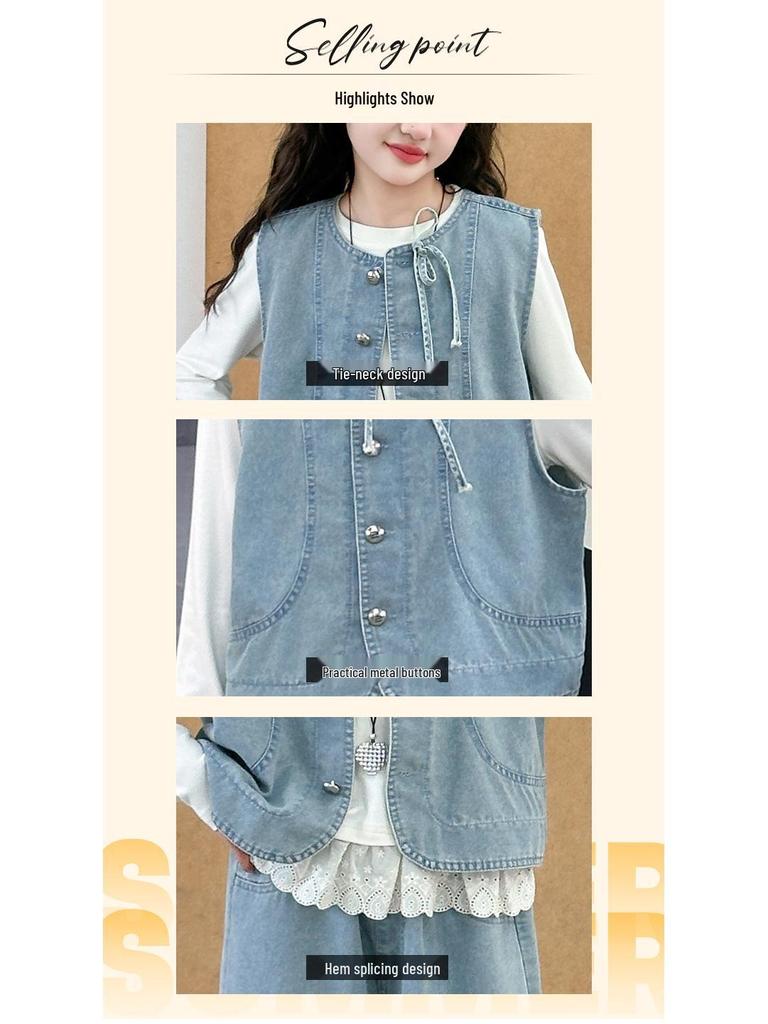 Modny jesienny trzyczęściowy zestaw denimowy dla dziewcząt z koronkową bazową koszulą i kamizelką 2025