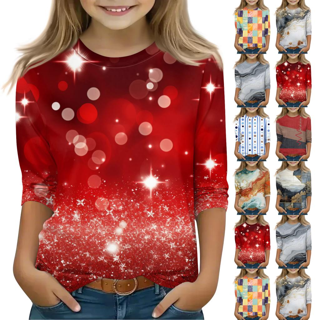 Print Tops For Youth Girls 5-16 Years Round Neck 3/4 Sleeves T-Shirts Trendy Tops Outfit Tees