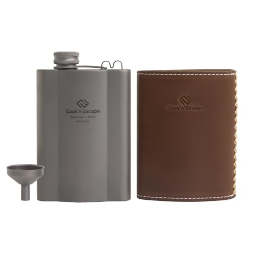 COOK N ESCAPE Титановая фляга для виски, 180 мл, Из чистого титана, Портативная, Прочная, Ультралегкая, Безопасная для огня, Высокогерметичная, Кожаный чехол и Ти