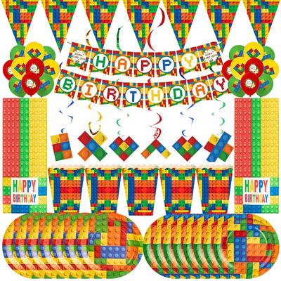 Building Blocks Birthday Decoration Party Boys Disposable Tableware Paper Cups Plates Banner Balloon For Child Birthday Supplies
