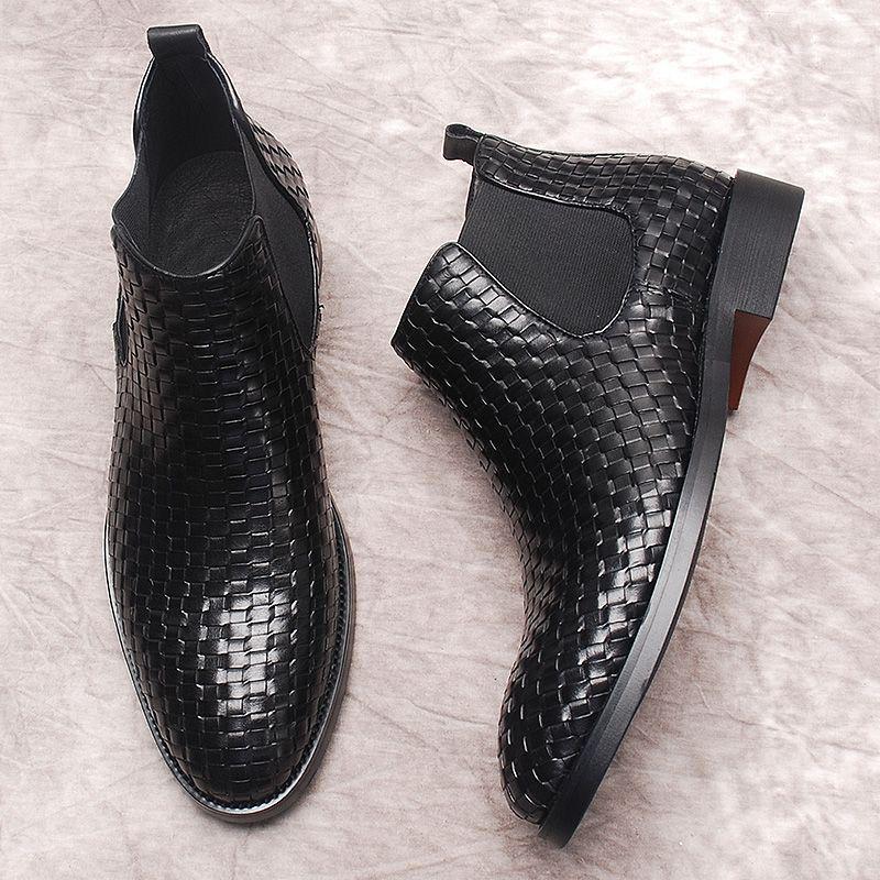 Handmade Embossed British-Korean Style High-Top Leather Men's Chelsea Martin Boots