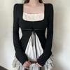 French Patchwork A-line Doll Top: Pleated Square Neck, Long Sleeve, Lace-up Waist, Autumn Winter Style for Women.