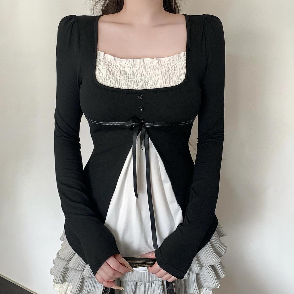 French Patchwork A-line Doll Top: Pleated Square Neck, Long Sleeve, Lace-up Waist, Autumn Winter Style for Women.