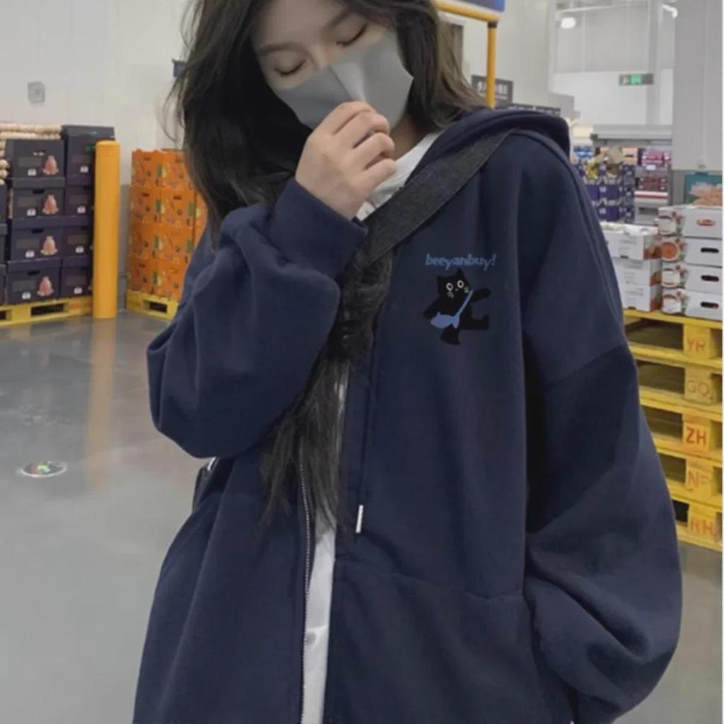 Navy Blue Hooded Cardigan Zipper Sweater for Women - Perfect for Early Autumn and Winter