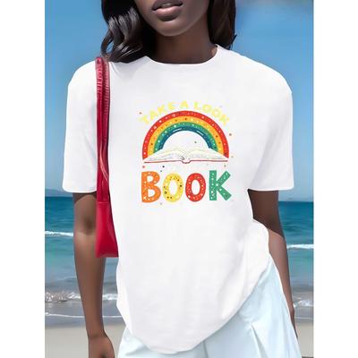 European Sizes Women's Graphic T-Shirt - Book-Themed Design with BOOK Lettering & Open Book Print - Casual Comfort Fit Short Sleeve Blouse