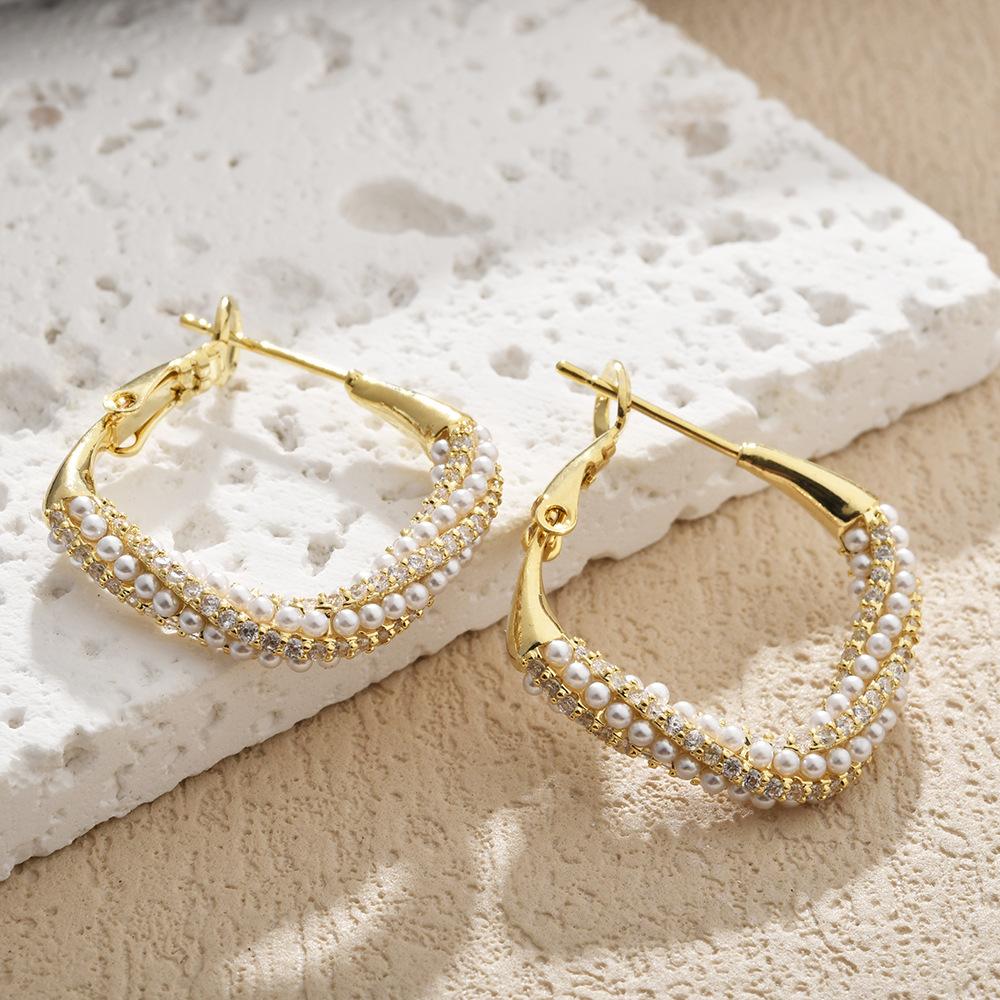 French Elegant Pearl Zircon Twisted Hoop Earrings 14K Gold Plated Luxury Geometric Ear Buckles for Women