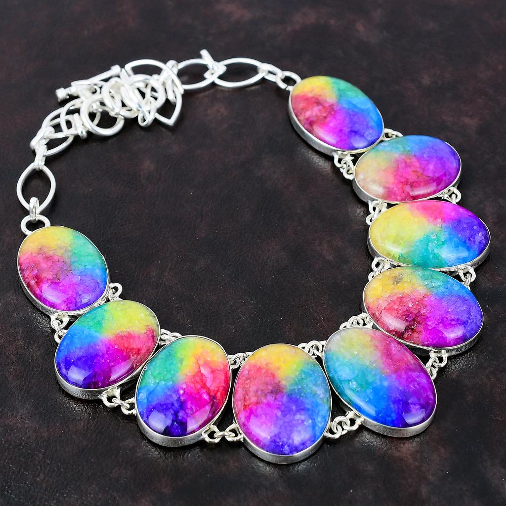 Regenbogen-Solarquarz-Drusy-Halskette, tolle Edelstein-Halskette, 925er-Sterlingsilber-Halskette, verstellbare Kette, handgefertigter, anständiger Schmuck