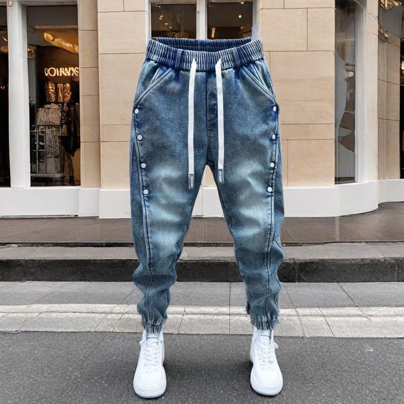 

Drawstring Menswear Clothing Handsome Spring Men s Korean Elastic Waist Buttons Decorative Fashion Harlan Pants Men 3XLweight80-90kg синий
