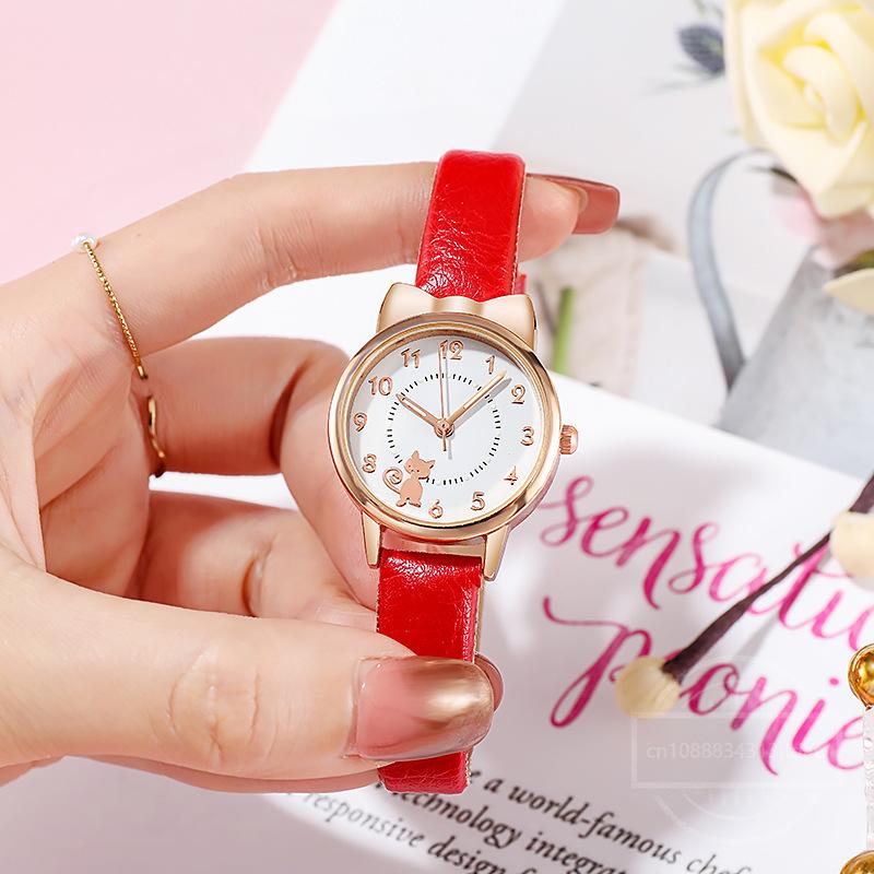 Mode Kinder Niedliche Katze Digitales Zifferblatt Kinderuhr Set Lederarmband Quarzuhren Kinder Mädchen Uhr Kinderuhr