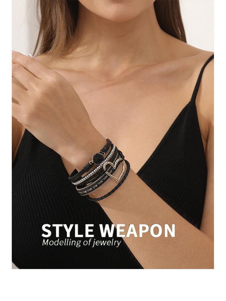 Bohemian Heart Rhinestone Magnetic Clasp Faux Leather Bracelet for Women