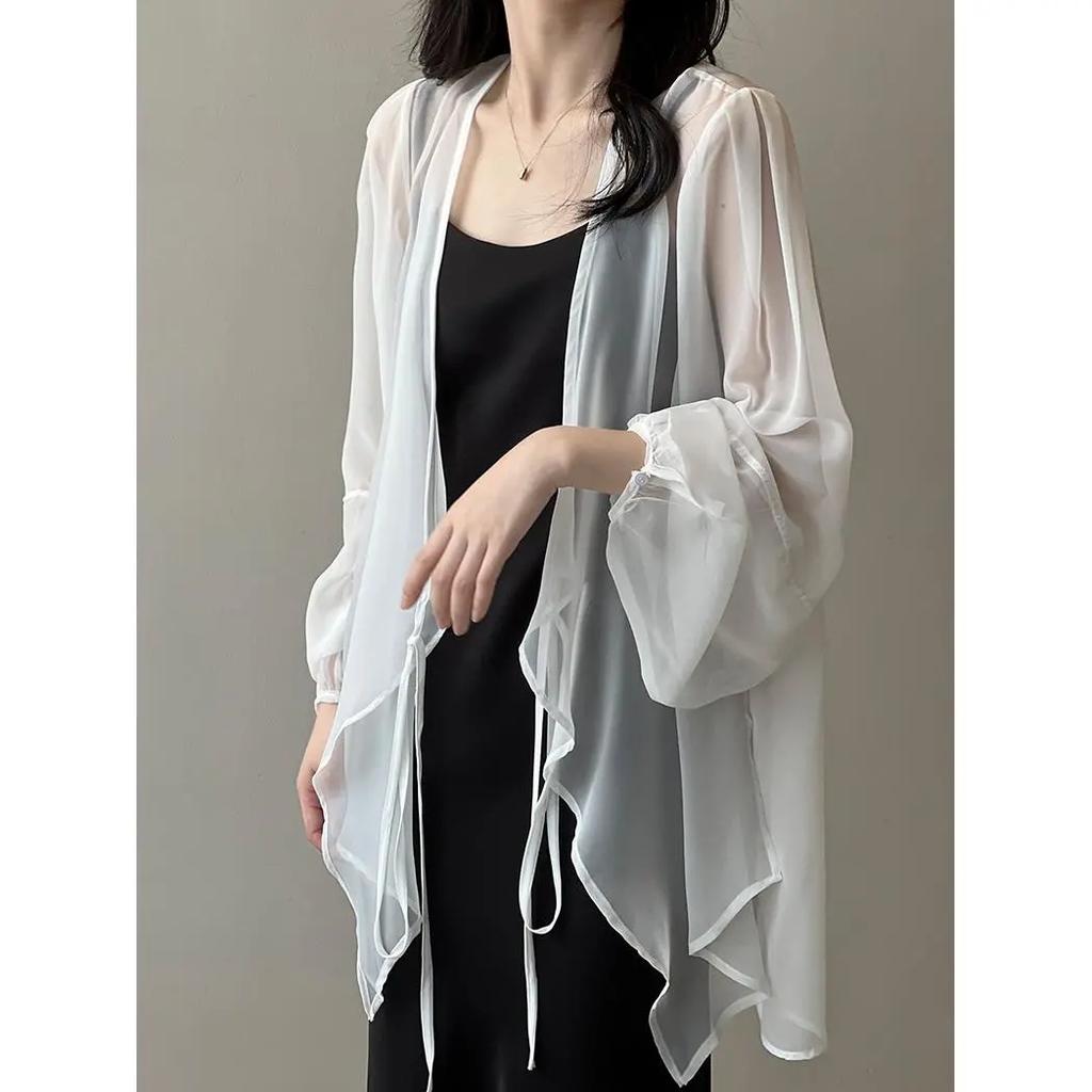 Damen Sommer Leichte Französische Stil Lockere Chiffonbluse Einfarbige Lässige Fließende Sonnenschutzjacke
