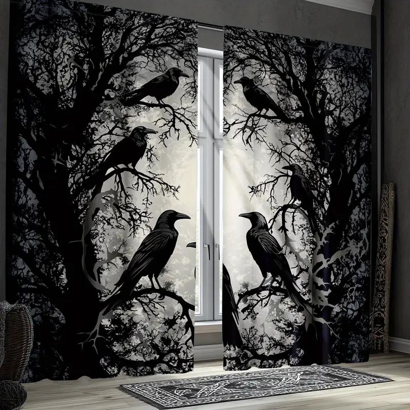 2pcs Gothic Raven Pattern Curtains   Blackout Rod Pocket Window Drapes  Halloween Decor   Home Decor