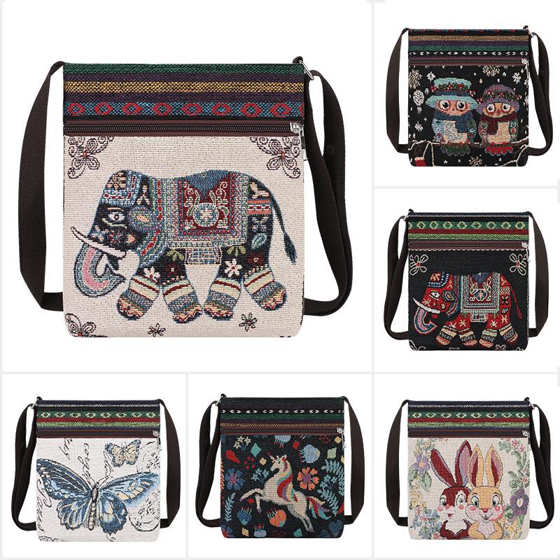 Ethnic Elephant & Butterfly Embroidered Crossbody Bag - Women's Cultural Canvas Shoulder Accessory