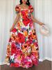 2025 Retro Print Patchwork Long Dress - Elegant European & American Style with Square Neck for Holidays & Dates