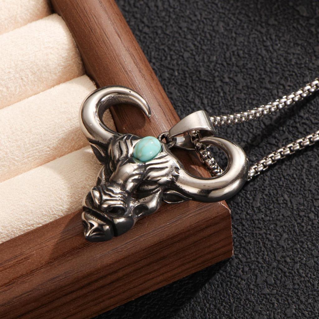 Men's Distressed Long Box Chain Necklace with Stainless Steel Faux Turquoise Bull Head Pendant