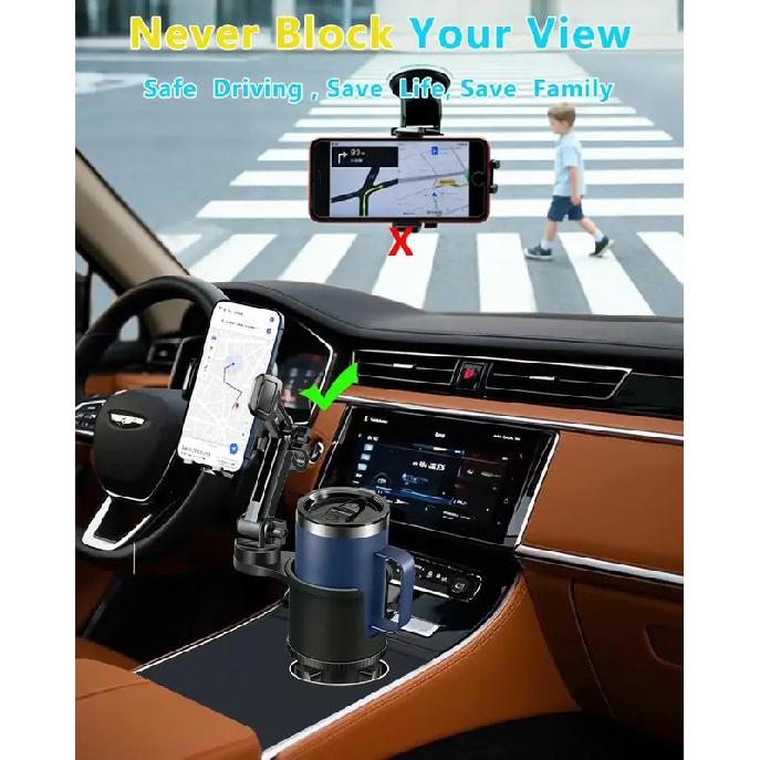 Cup Phone Holder for Car, 2 in 1 Height-Adjustable Dual Cell Phone Holders Car Cupholder Mount, Fit Large Bottle & All Cellphone