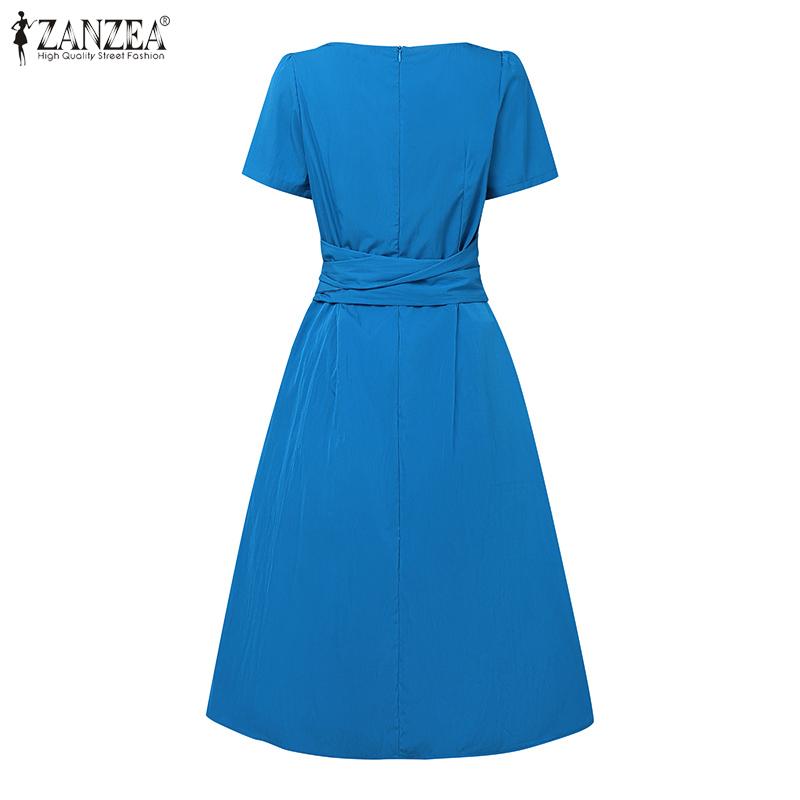 ZANZEA Elegant Casual Round Neck Bows Patchwork Summer Short Sleeve Dress