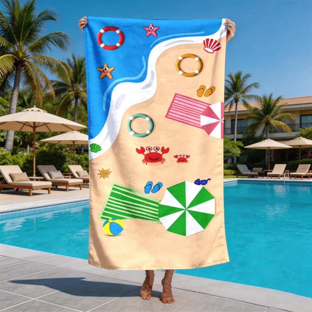 Cartoon summer seaside beach polyester microfiber beach towel is highly absorbent, suitable for swimming and beach outings