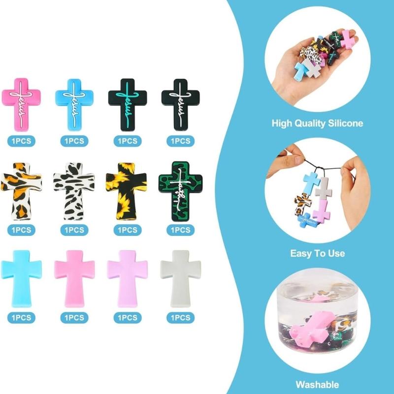 12Pcs Silicone Crosses Shaped Beads Leopard Colorful Print Loose Silicone Beads for Adult Necklaces Jewelry Making