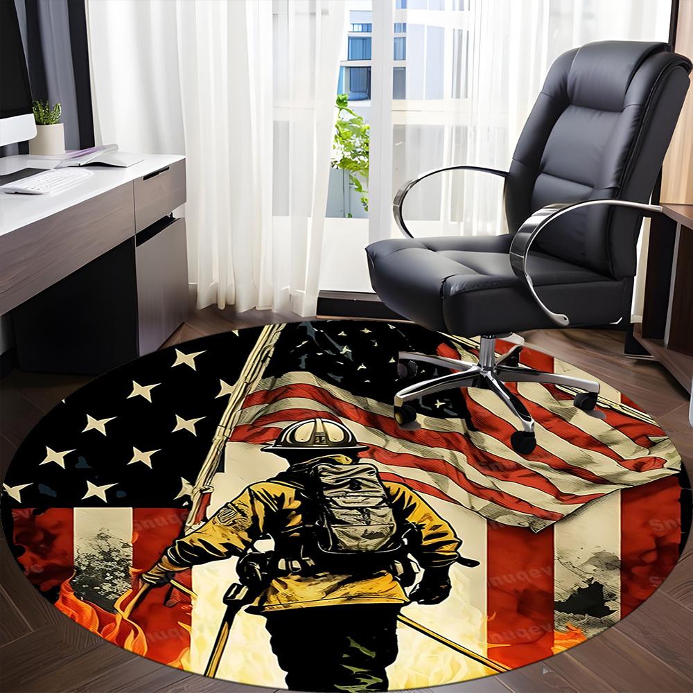 1pc Firefighter Flag Office Round Area Rug, Mat Suitable ForOffice, Under Office Chairs Bedroom Living Room Home Decor, Room Deco