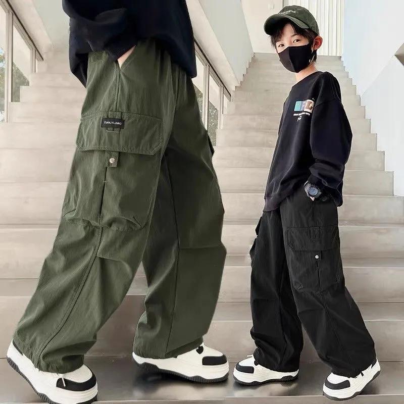 Four Seasons Boys Cargo Pants Spring Casual Trousers Children Autumn Straight Loose Pants Teenager Solid Color Wide-leg Clothing