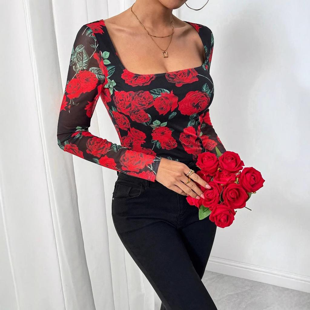 Spring Women's French Romantic Rose Floral Mesh Print Sexy U Neck T Shirt Fashion Daily Basic Office Lady Casual Slim Fit Ladies Elegant Top