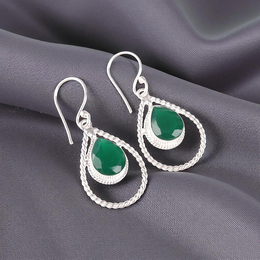 Green Onyx Gemstone 925 Sterling Silver Jewelry Handmade Wedding Earrings 1.70" EE-96-18