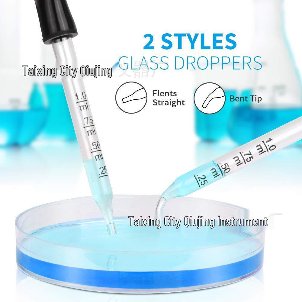 Glas-Messpipette 1 ml mit Gummiball und abgewinkeltem Ende - Ätherisches Öl-Tropfer & Klebstoffspender, Einweg.