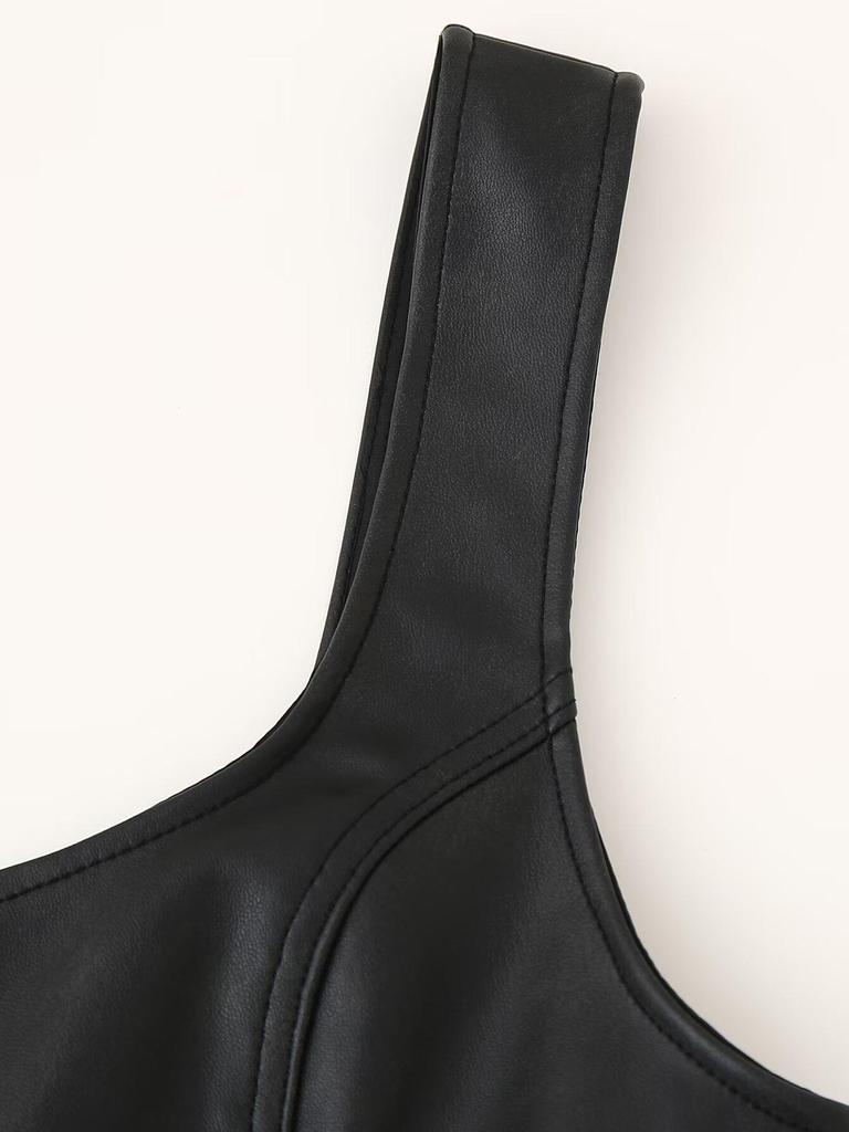 2024 European & American Style Faux Leather Slim Fit Women's Jacket with Zipper and Sexy Cami