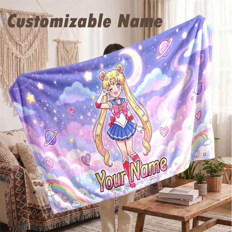 Custom Name Flannel Blanket,Sailor Moon Lightweight Warm Bed Blanket For Couch & Holiday Gift