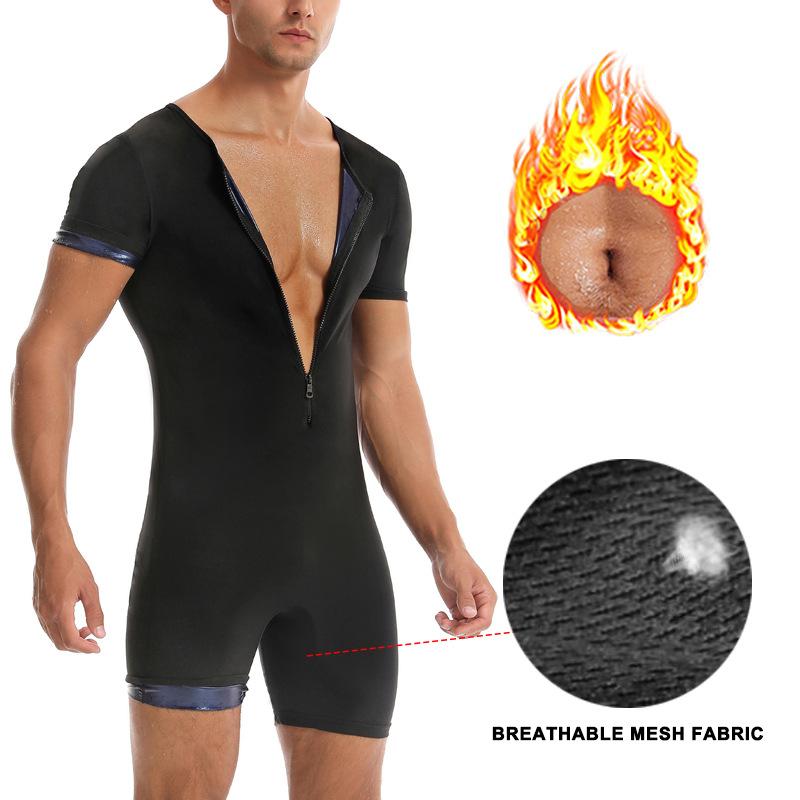 Heren Sauna Zweet Bodysuit, Rits Korte Mouw Volledige Lichaamsvormer Buikcontrole Trainingspak voor Sportschool Hardlopen
