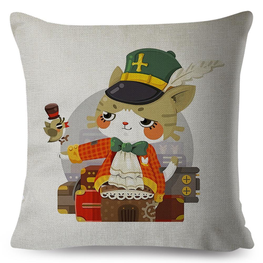 Adorable Cat Character Cushion 45x45cm Original Fantasy Theme Illustration High Resolution Print Woven Fabric Cover