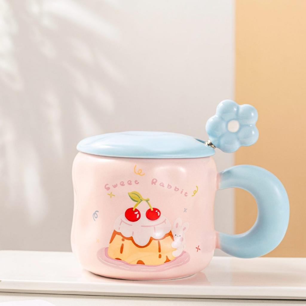 Niche ceramic cup chubby handle mug cute wind cup high value with lid spoon water cup coffee milk tea cup