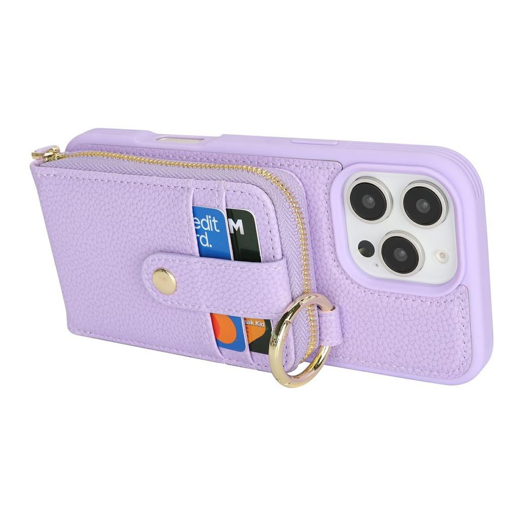 For iPhone 16 Pro Max Case with Zipper Pouch/Ring Kickstand/Strap Litchi Texture PU + TPU Phone Cover