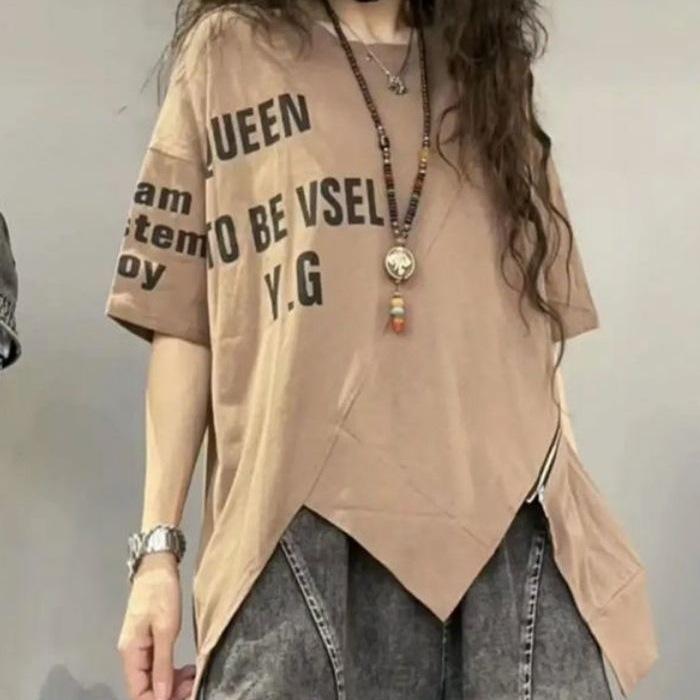 T-shirt Letni Nadruk Zamek Trend Nieregularny Krótki Rękaw Top Cienki Ins Uniwersalny Luźny Damska Odzież