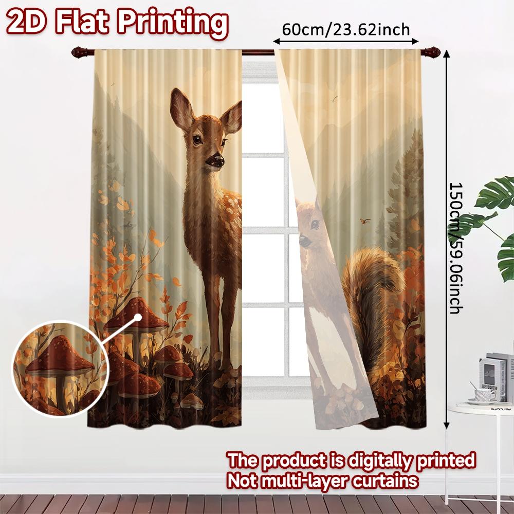 2pcs   2D FLAT PRINTING Curtains (Without Rod) Forest Companions Minimalist holiday curtains Versatile Polyester Curtains Holiday