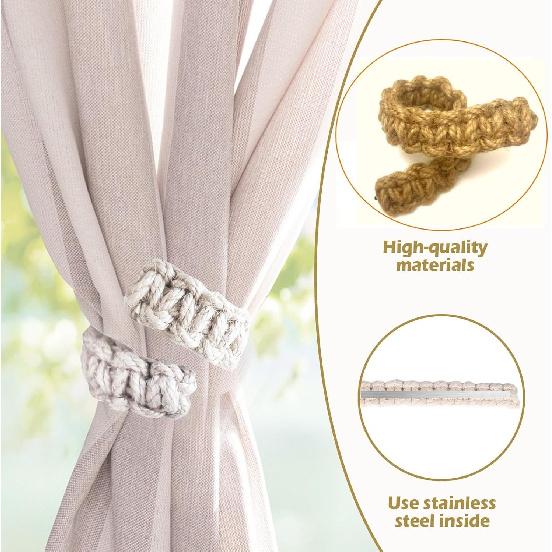 Braided Jute Curtain Tiebacks Set of 2, Rustic Curtain Tie Backs for Curta, Decorative Drapery Holdbacks Bohemian and Farmhouse Style for Lightweight