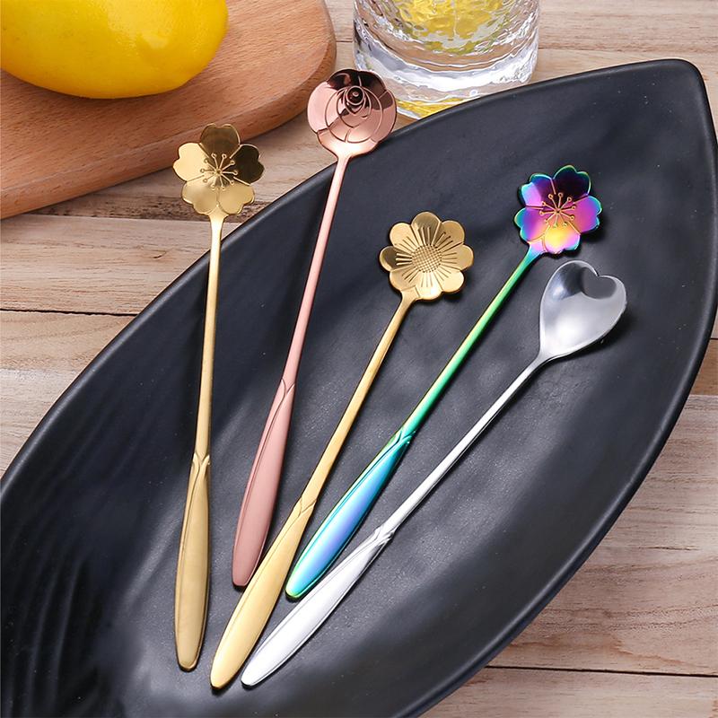 4Pcs/Set Mixing Spoons Small Flower Teaspoon Stainless Steel Coffee Spoon Cute Ice Cream Dessert Spoon Kitchen Accessories